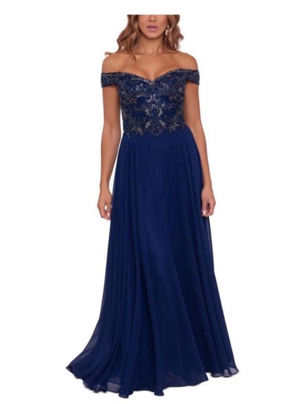 Xscape Navy Off-Shoulder Embellished Maxi Dress size 12 NEW